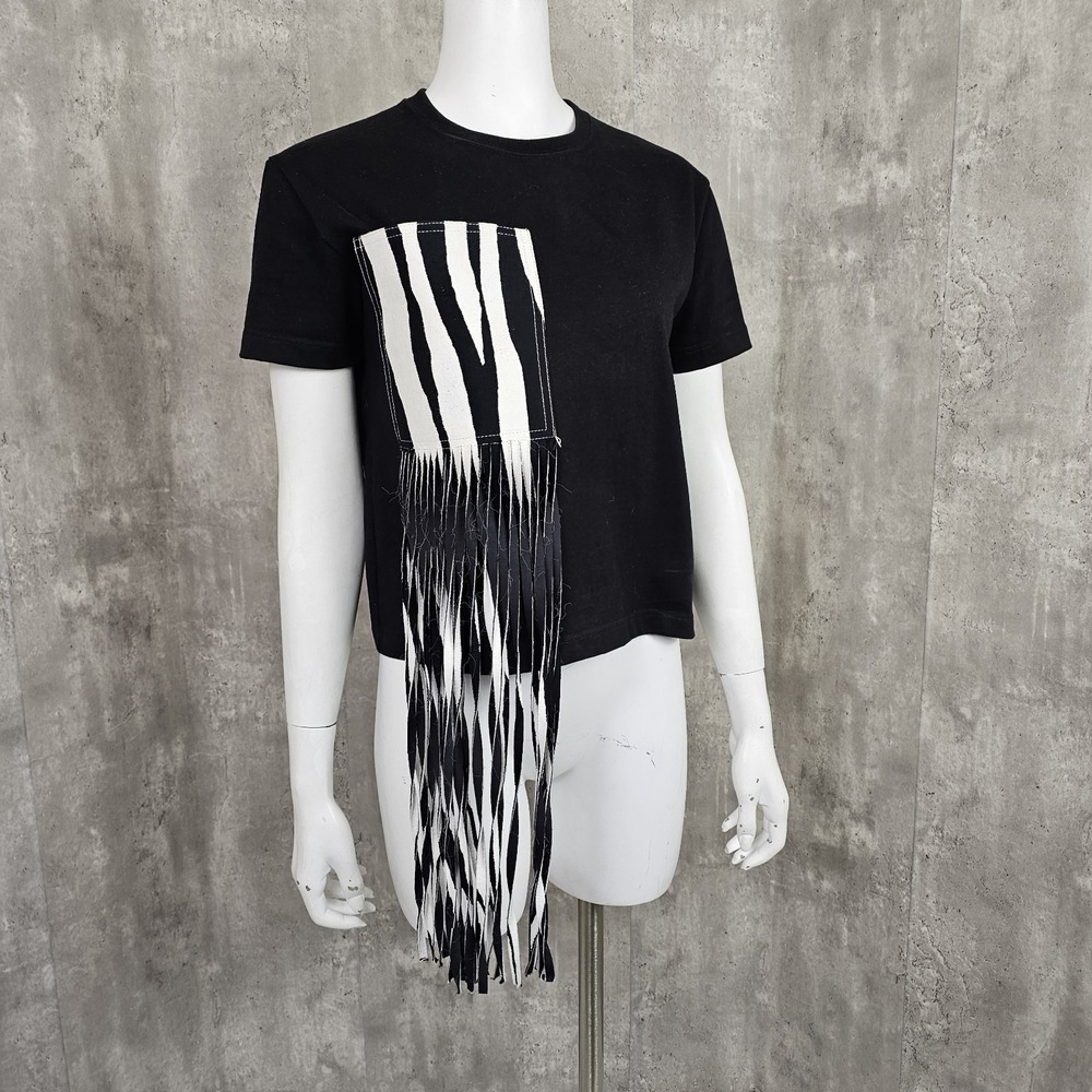 Ports 1961 Womens XS Short Sleeve Tshirt Zebra Pocket Fringe Statement Italy